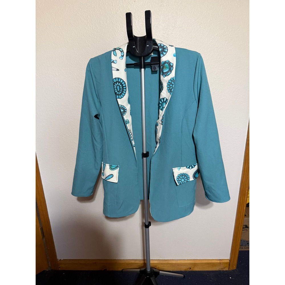Avery Apparel Company Womens Teal Blazer Turquoise Jewelry Print Western Large